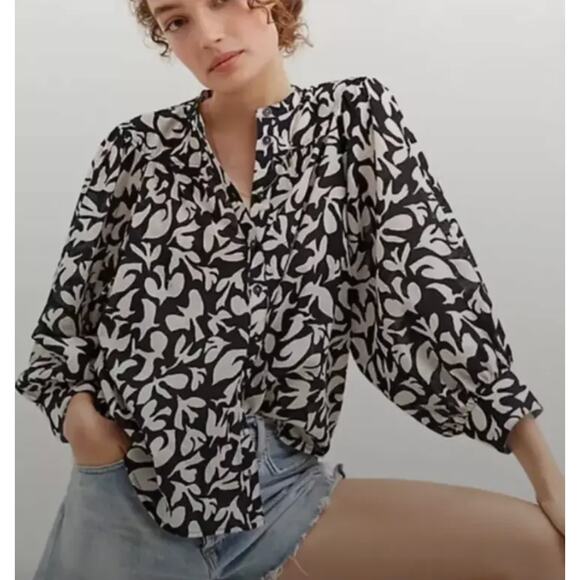 Danielle Kroll for Anthropologie Black White Whimsy Button-Down Top Sz Petite S - Picture 1 of 10